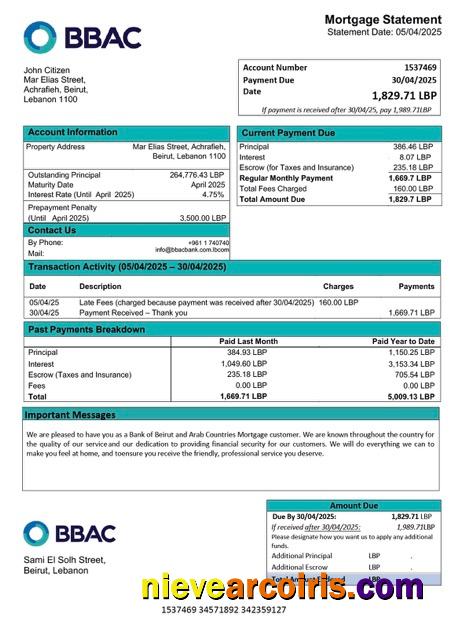 Lebanon Bank of Beirut and Arab Countries (BBAC) mortgage statement Word and PDF template